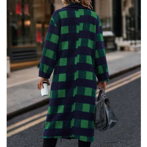 Casual Plaid Double Buttoned Coat Overcoat jacket Green Blue - Picture 5 of 6